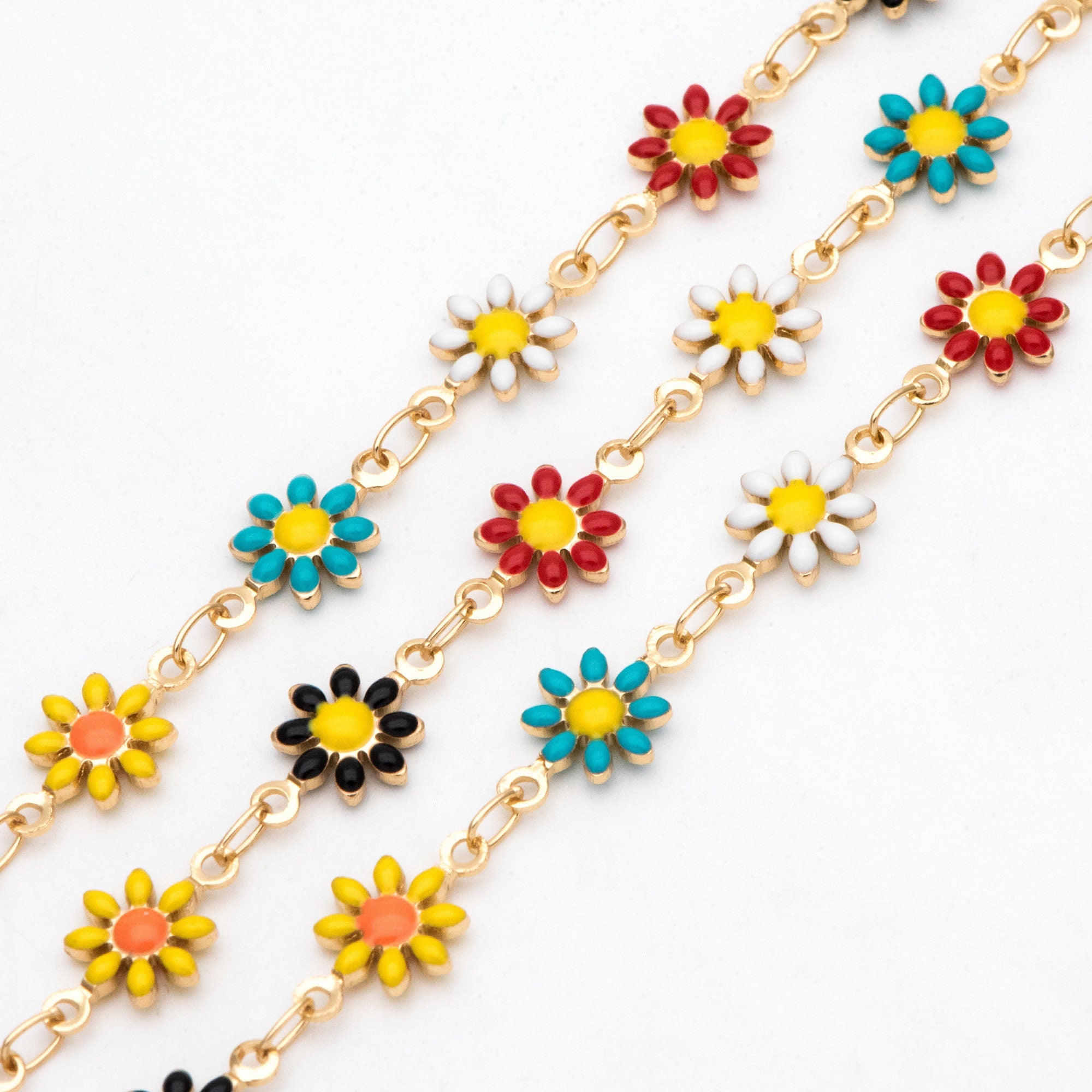 Enamel Flower Chain, Daisy Chain, Gold Plated Brass Designer Chain 7.5mm, Floral Link Chain Findings (#LK-578)/ 1 Meter=3.3ft